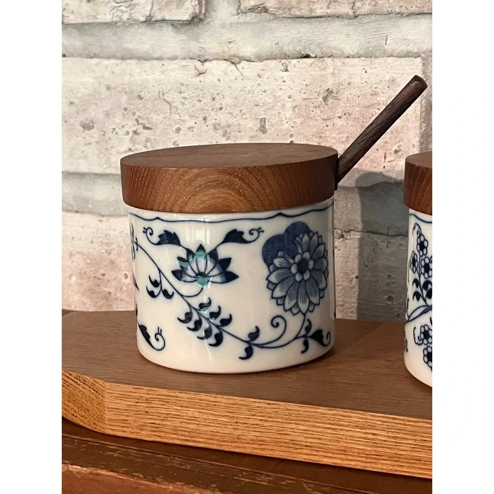 Blue Danube Blue Onion Ceramic Jars blue floral patterns, wooden lid/spoon/tray